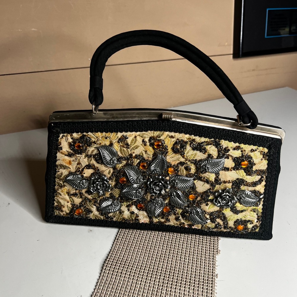 Vintage Caron of Houston Hand Decorated Floral Brocade Evening Bag Black Gold